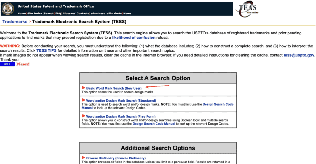 TESS trademark search page with a red arrow pointing to "Basic Word Mark Search"