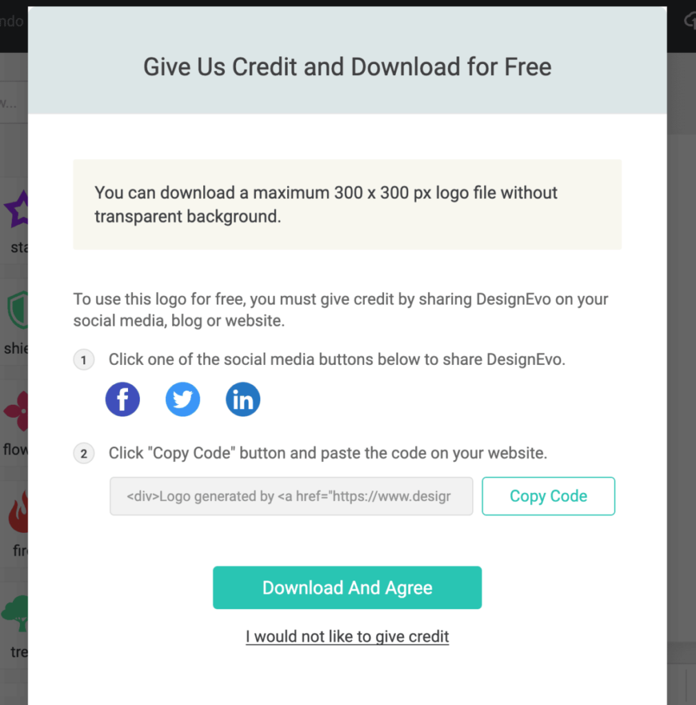 Design Evo "Give us credit and download for free" page