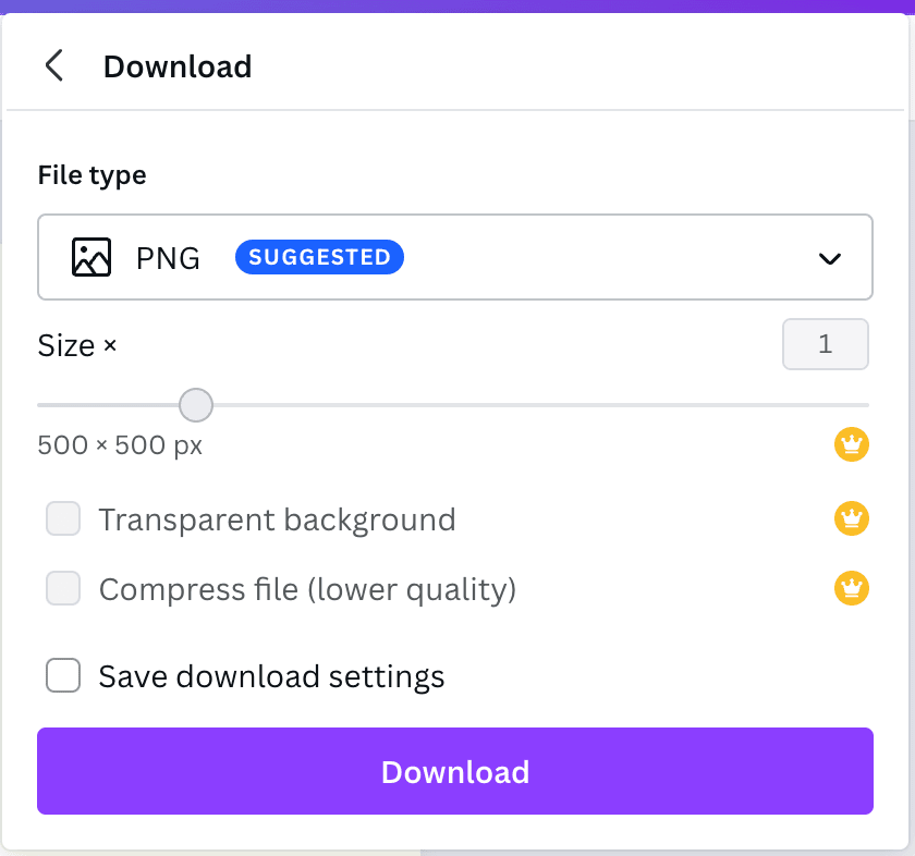 Download options on Canva